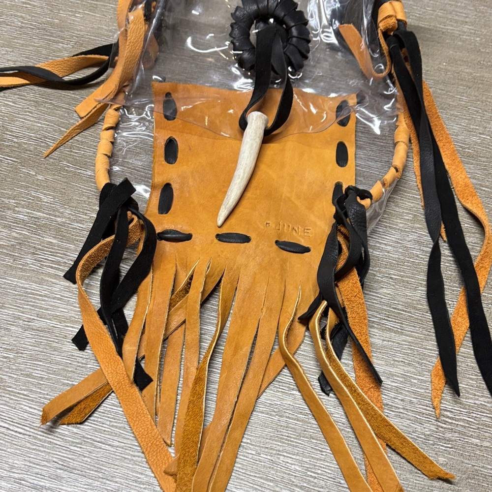 Tan and Black  game day Fringe Leather Bag Clear plastic see through body